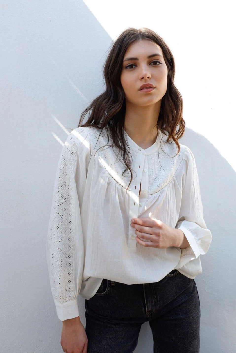 Indi & Cold Embroidered Arm Henley Style Blouse