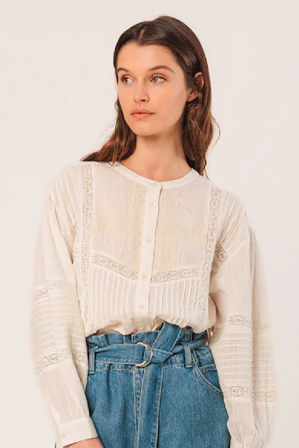 Indi & Cold Mandarin Collar Cotton Embroidered Blouse