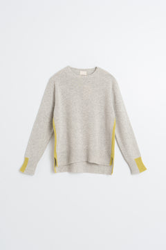 A light heather gray knit sweater with contrasting yellow-green side panels and matching yellow-green cuff accents, displayed flat against a light gray background.
