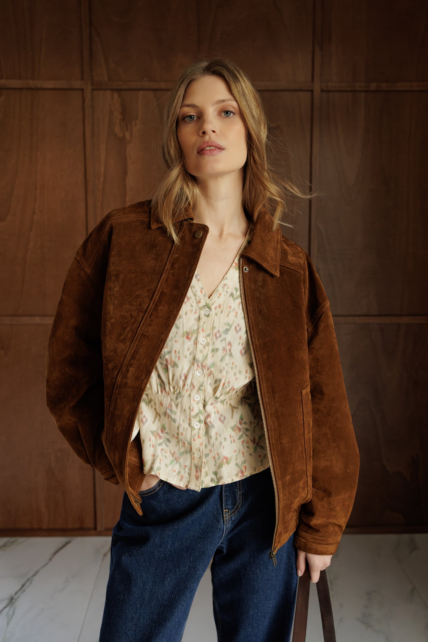 Indi & Cold V-Neck Gathered Waist Blouse