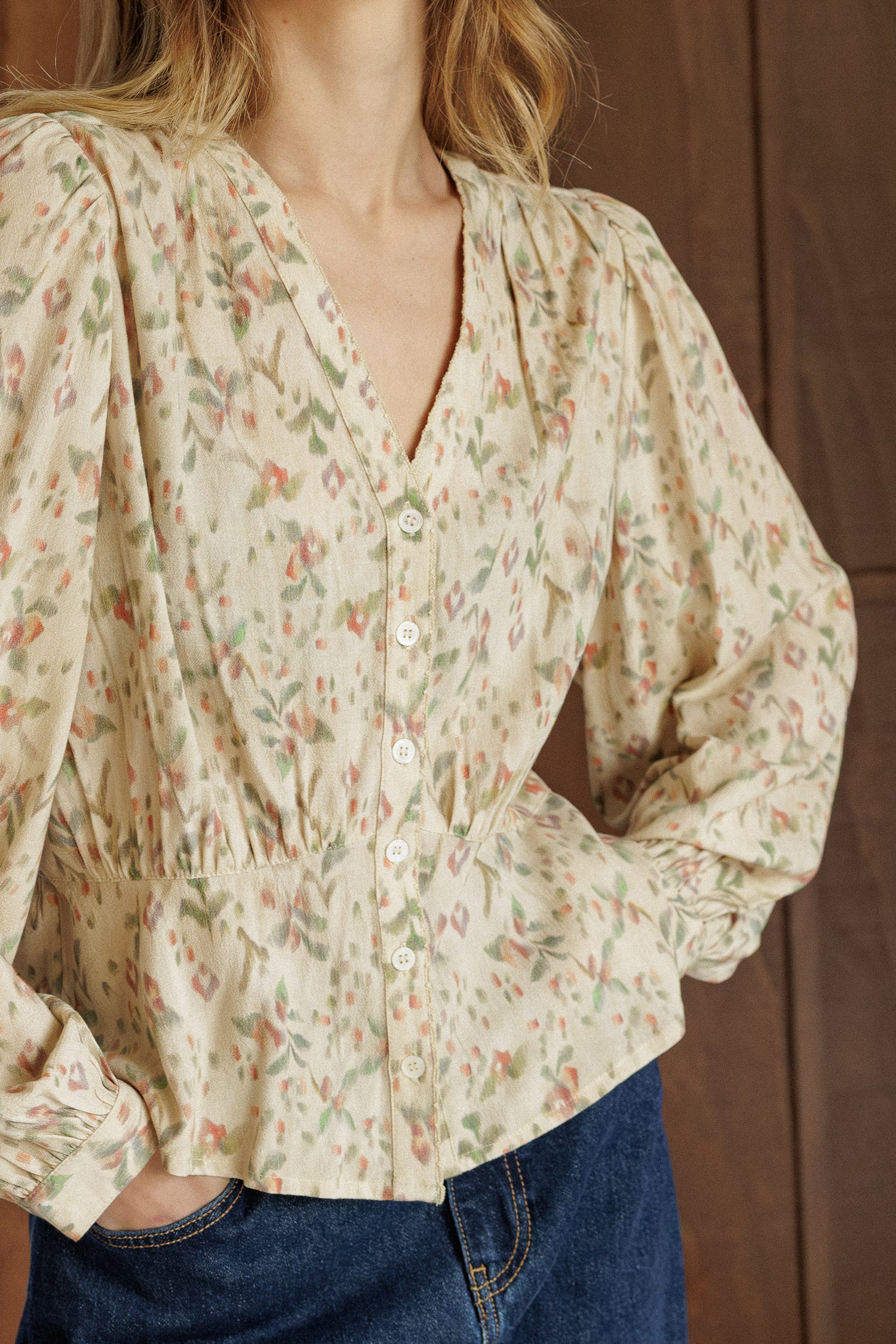 Indi & Cold V-Neck Gathered Waist Blouse