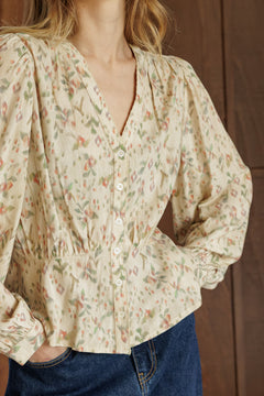 Indi & Cold V-Neck Gathered Waist Blouse