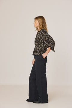 Indi & Cold V-Neck Gathered Waist Blouse
