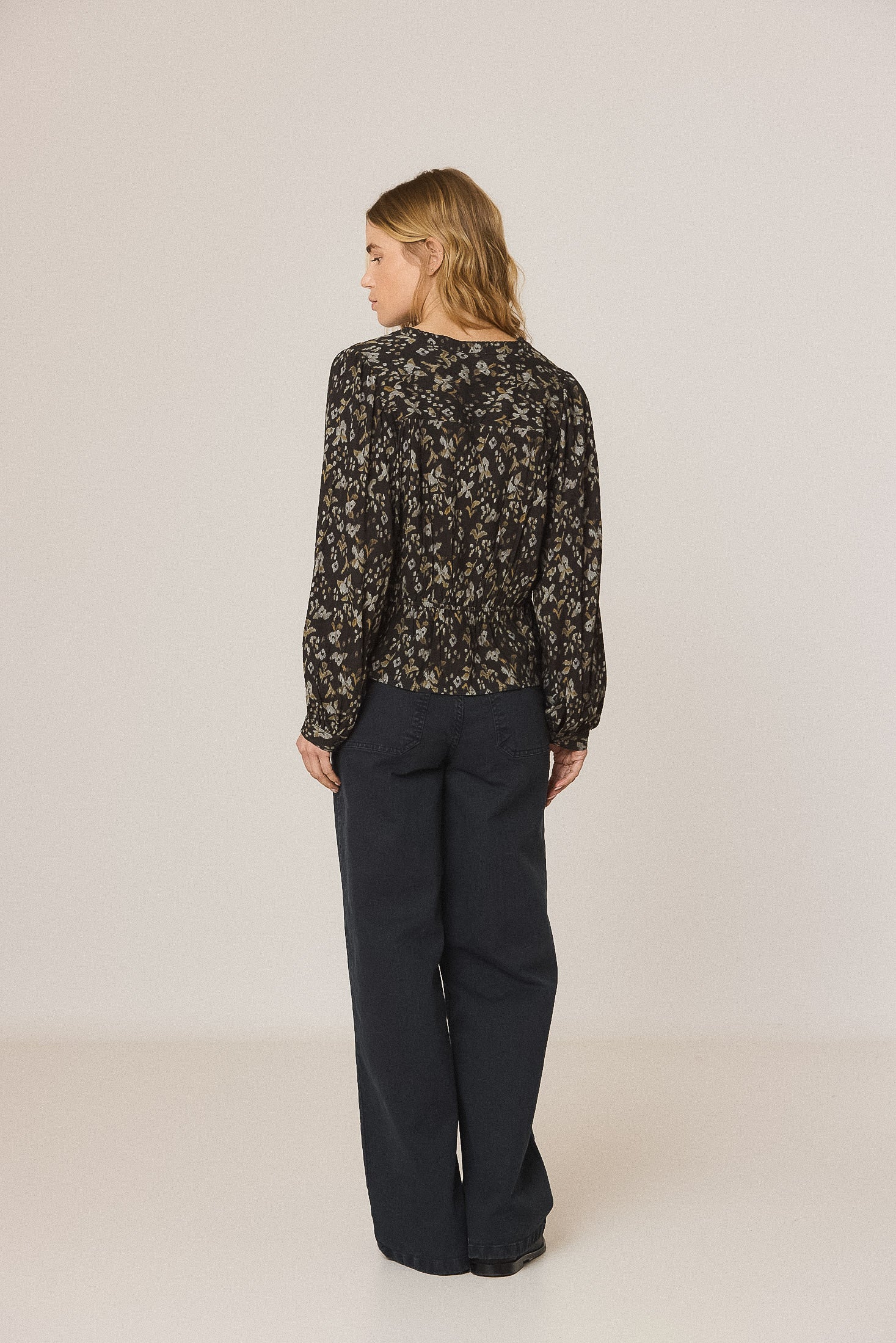 Indi & Cold V-Neck Gathered Waist Blouse
