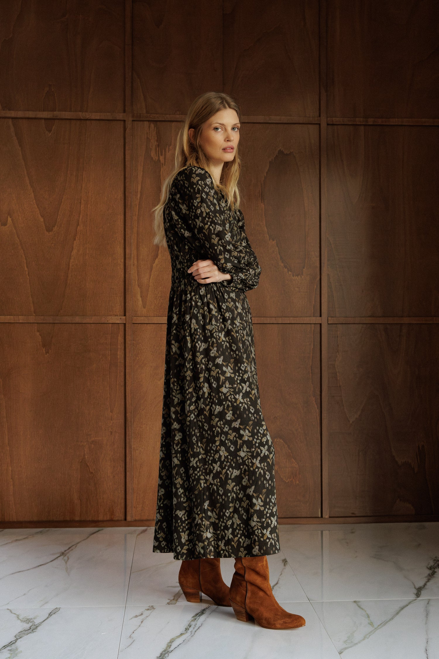 Indi & Cold V-Neck Gathered Waist Dress