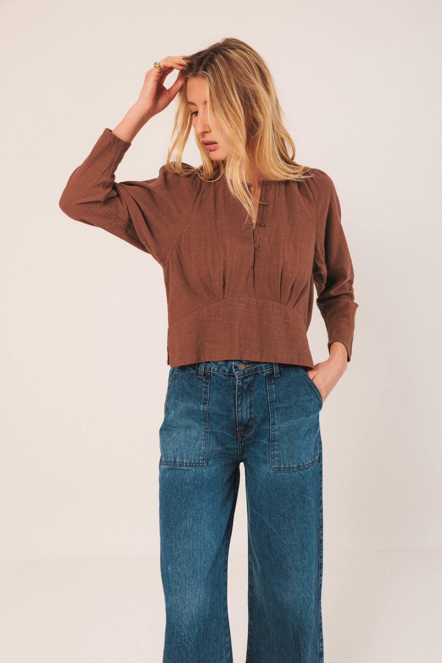 Indi & Cold Button Front Pullover Blouse
