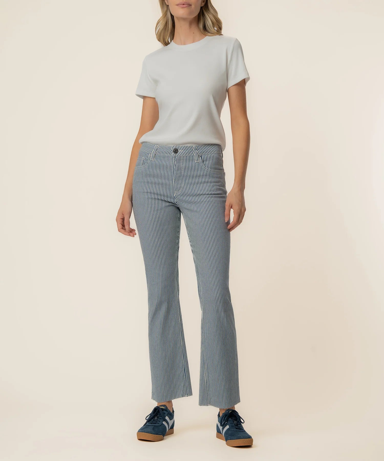 Kut From The Kloth Kelsey Twill Stripe High Rise Ankle Flare Leg Jeans (Navy Ivory)