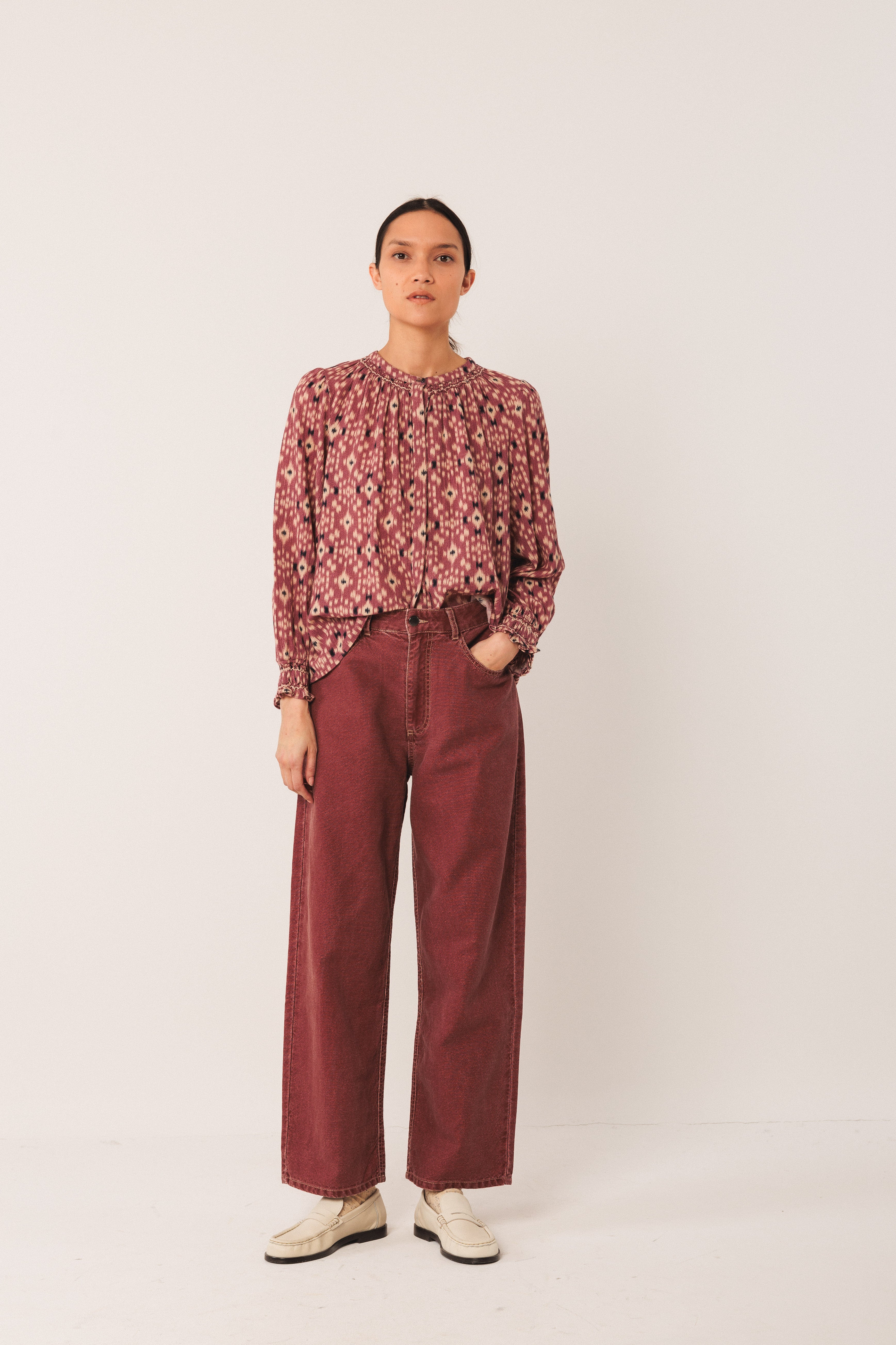 Indi & Cold Ikat Print Long Sleeve Cotton Blouse – Resonance