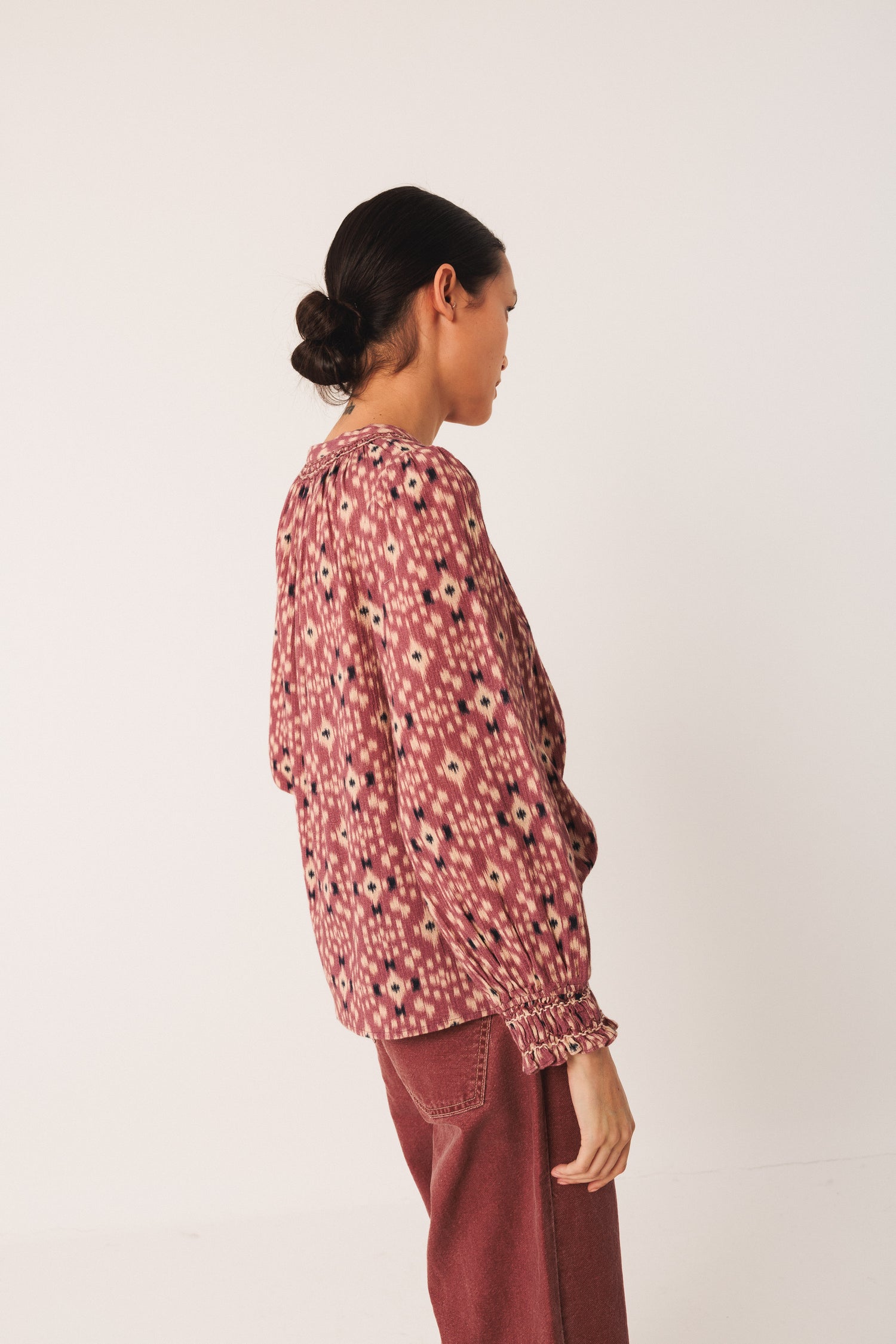 Indi & Cold Ikat Print Long Sleeve Cotton Blouse