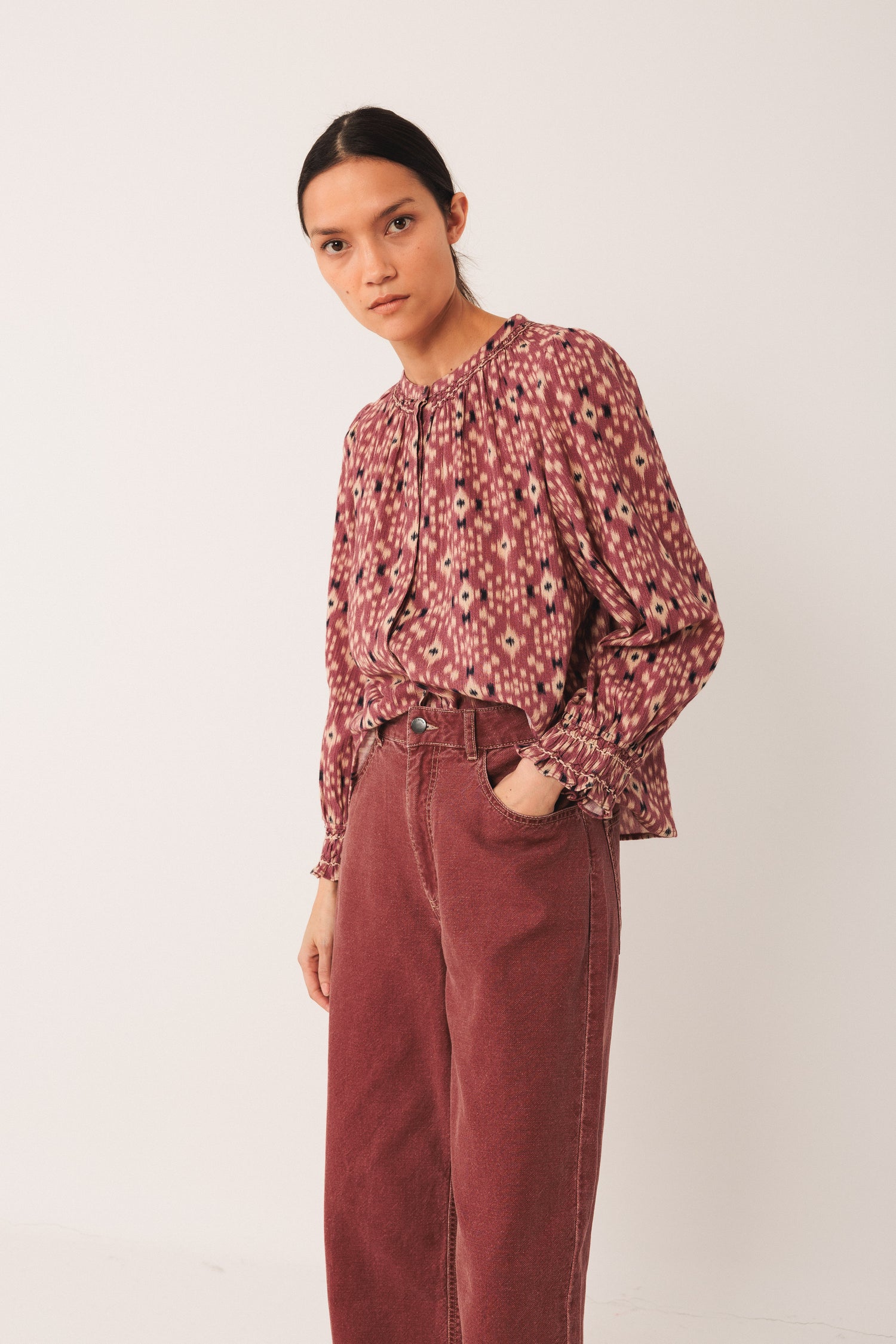 Indi & Cold Ikat Print Long Sleeve Cotton Blouse