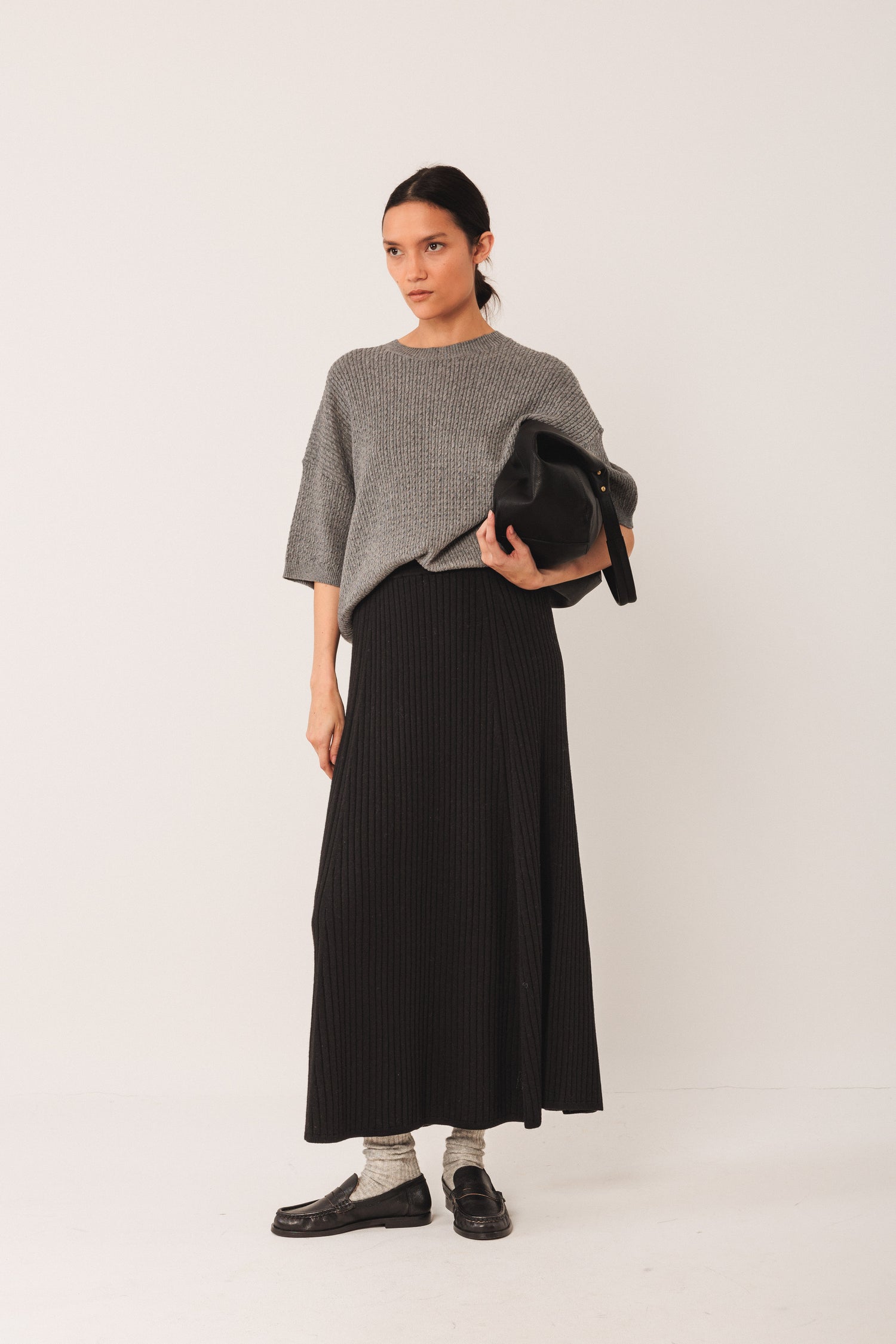 Indi & Cold Half Sleeve Cotton Silk Wool Ribbed Sweater