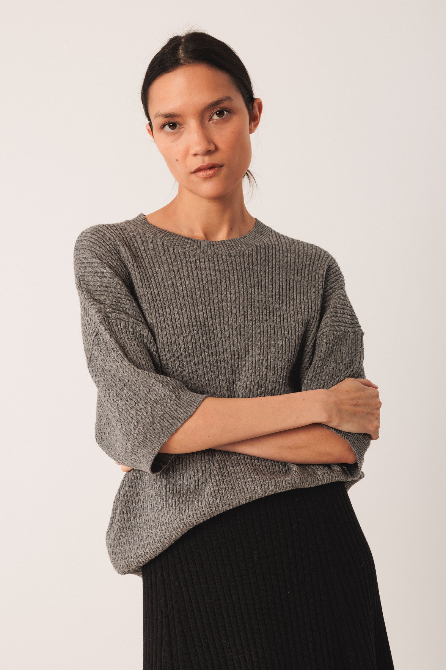 Indi & Cold Half Sleeve Cotton Silk Wool Ribbed Sweater