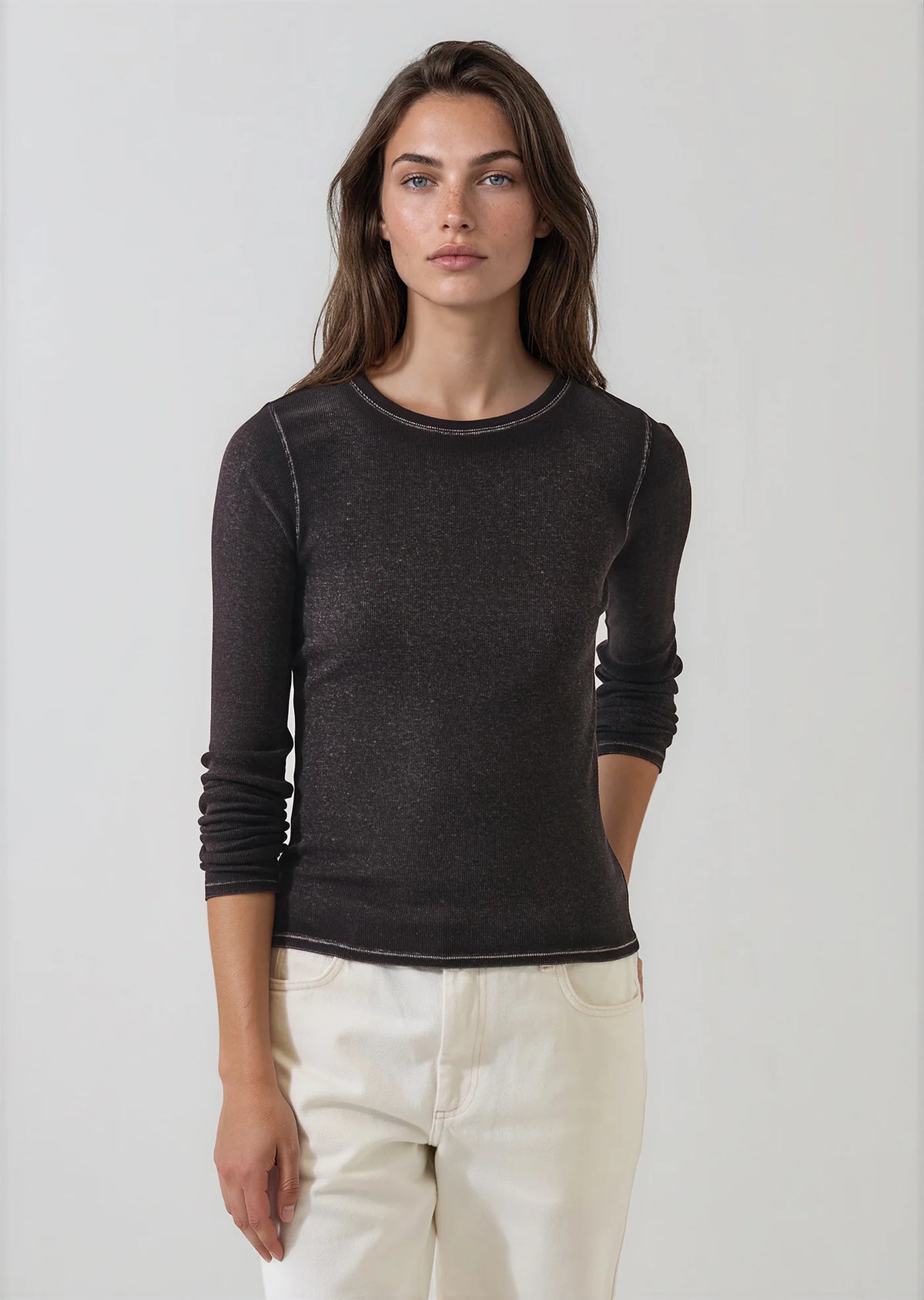 Patrick Assaraf Vintage Pima Cotton Stretch Ribbed Long Sleeve Crew Neck T-Shirt