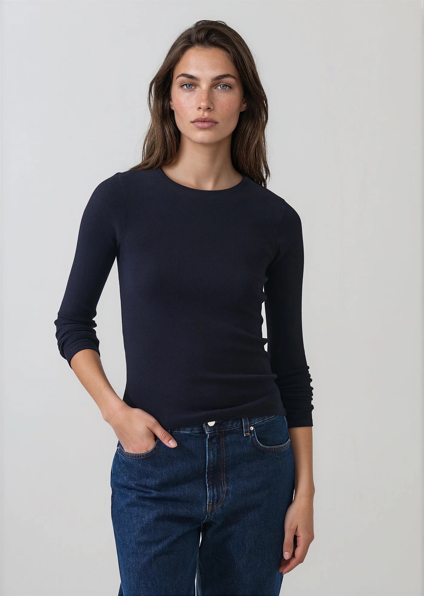 Patrick Assaraf Pima Cotton Stretch Ribbed Long Sleeve Crew Neck T-Shirt