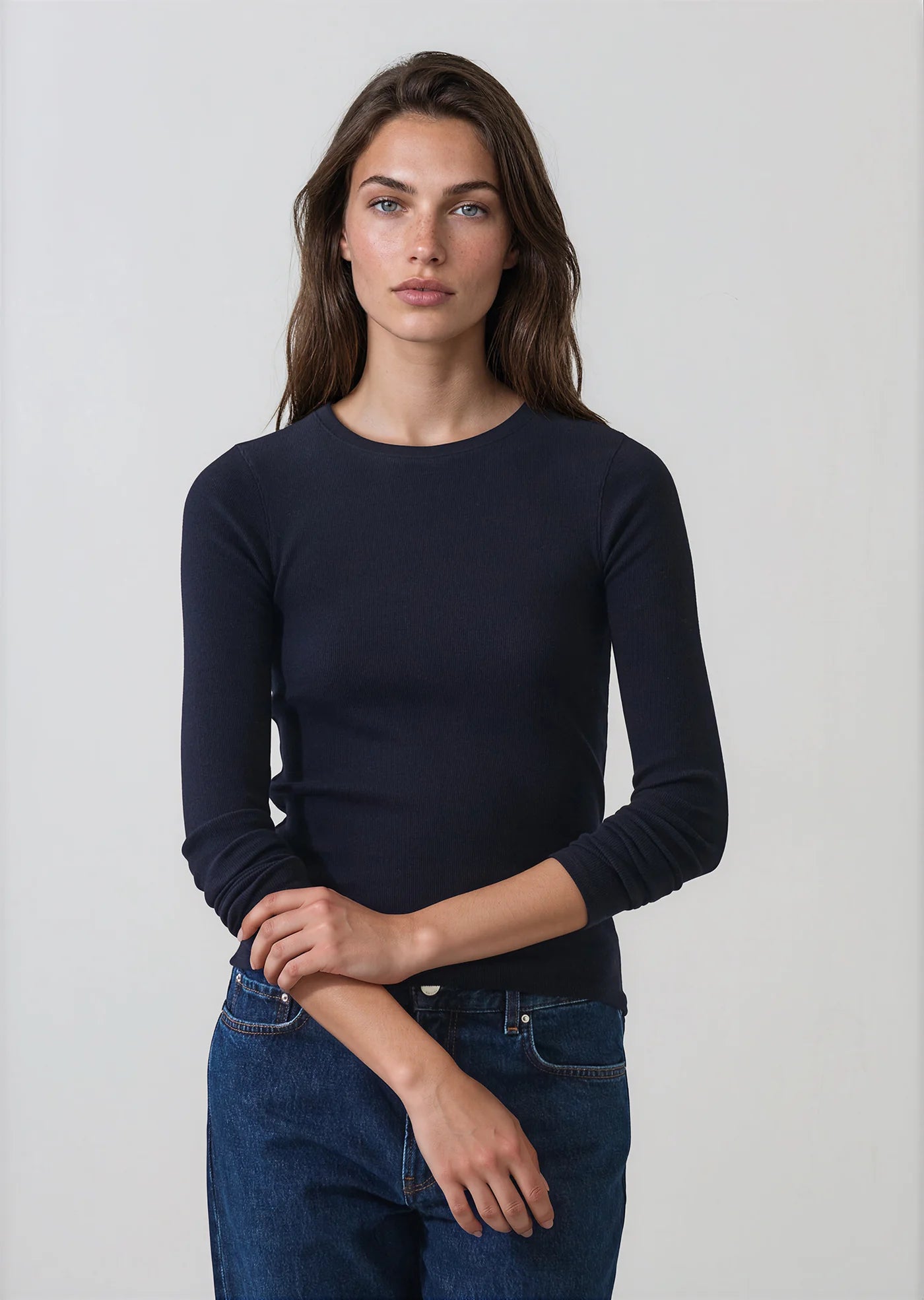 Patrick Assaraf Pima Cotton Stretch Ribbed Long Sleeve Crew Neck T-Shirt
