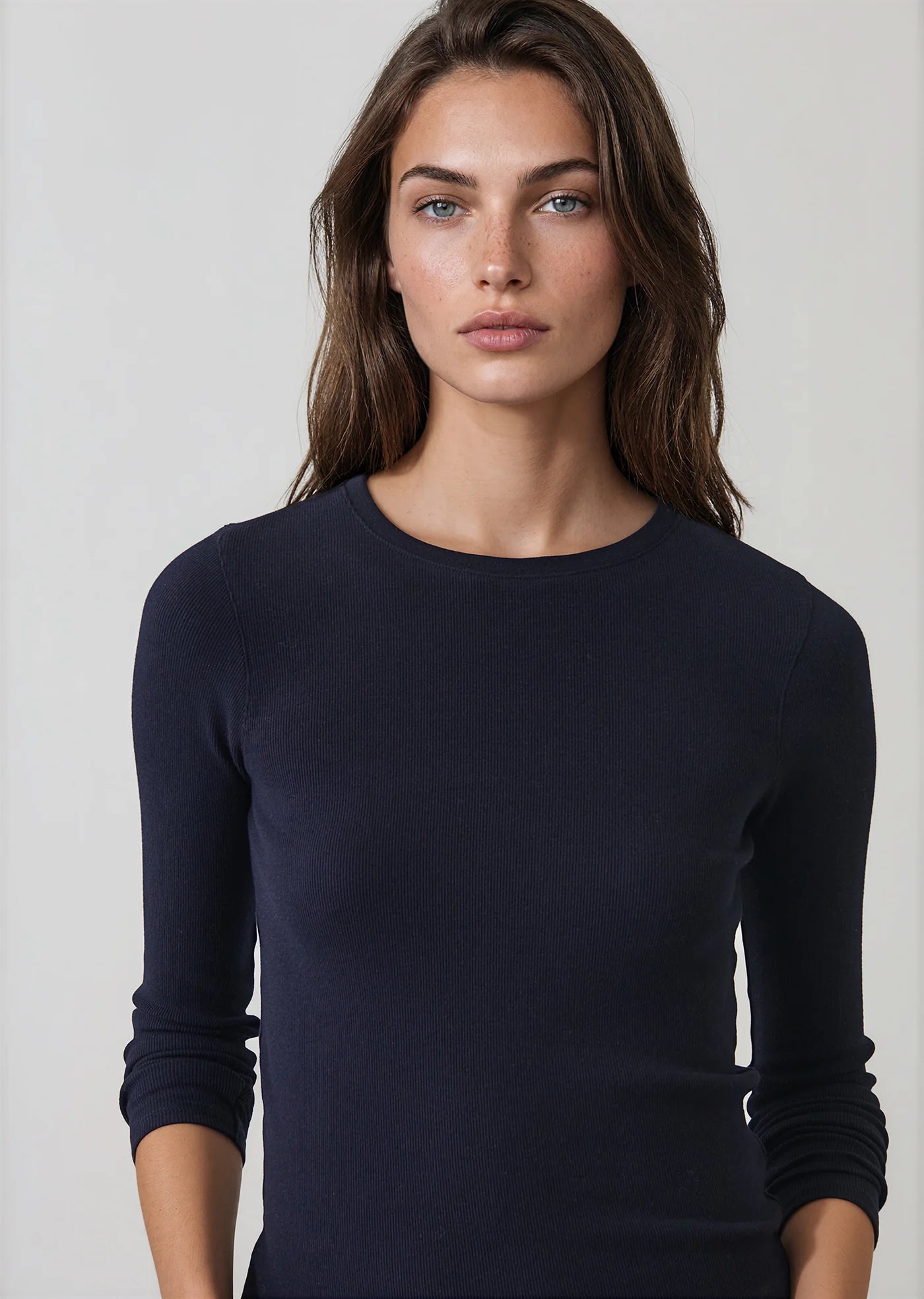 Patrick Assaraf Pima Cotton Stretch Ribbed Long Sleeve Crew Neck T-Shirt