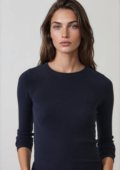 Patrick Assaraf Pima Cotton Stretch Ribbed Long Sleeve Crew Neck T-Shirt