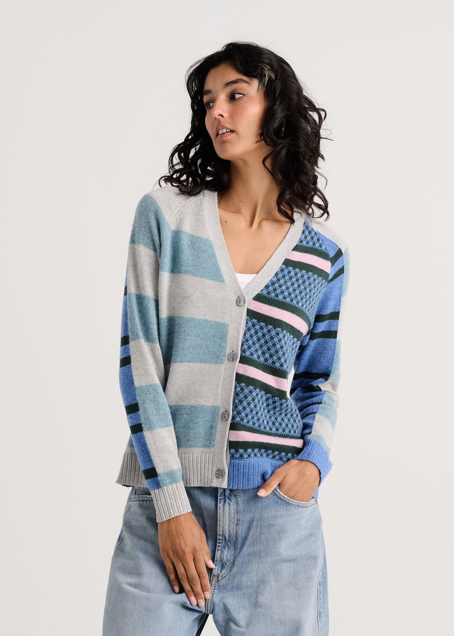 Zaket & Plover Stripe Meets Check Cardigan