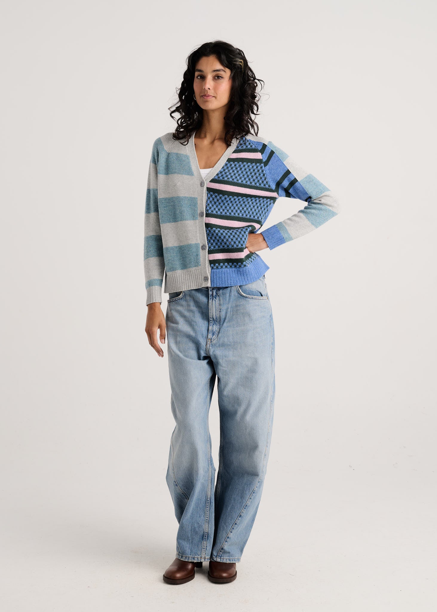 Zaket & Plover Stripe Meets Check Cardigan