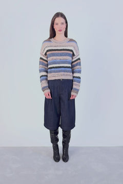 Oui Striped Mixed Media Pullover