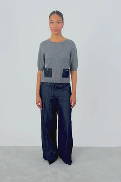 Oui Short Sleeve Sweater With Denim Pockets