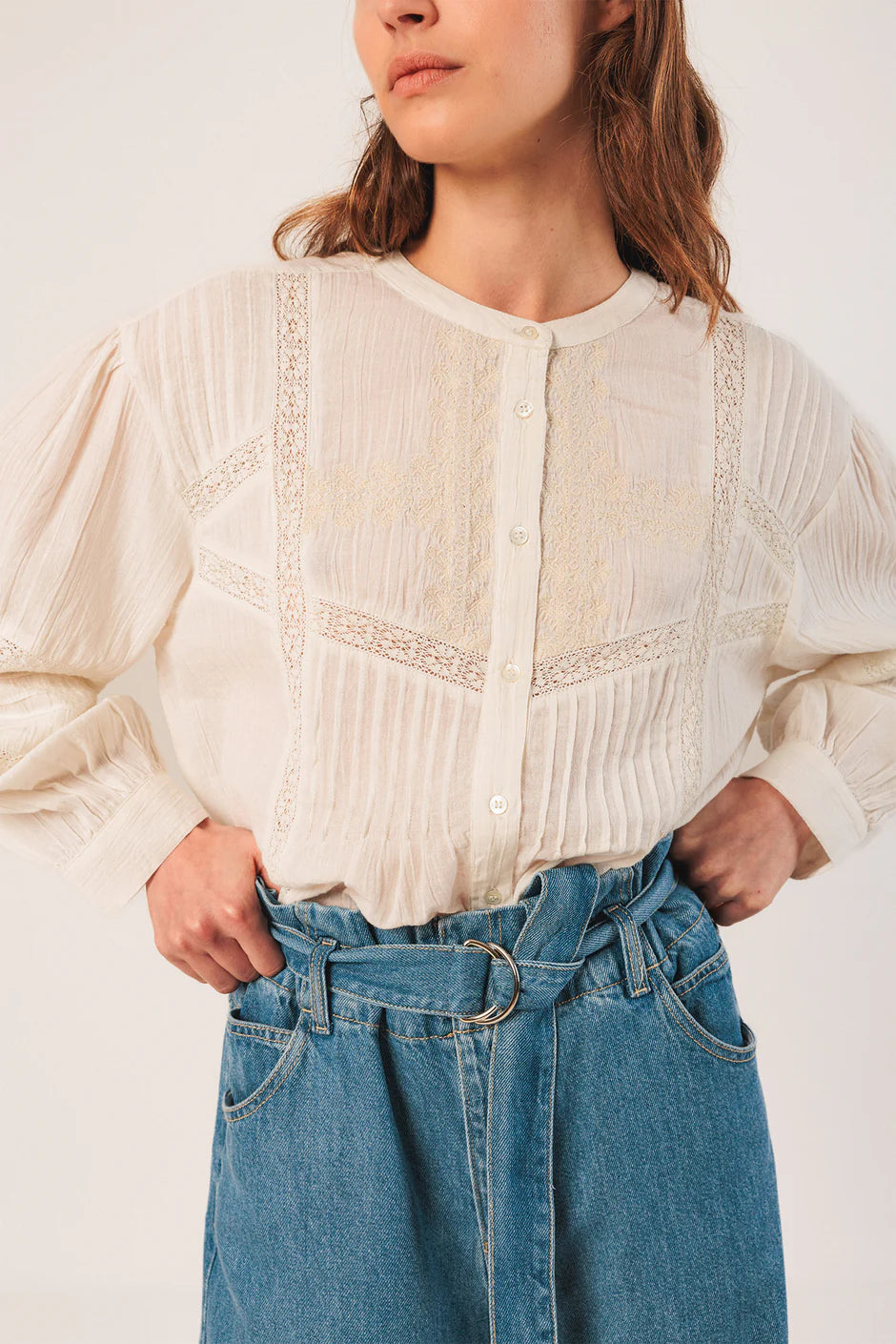 Indi & Cold Mandarin Collar Cotton Embroidered Blouse