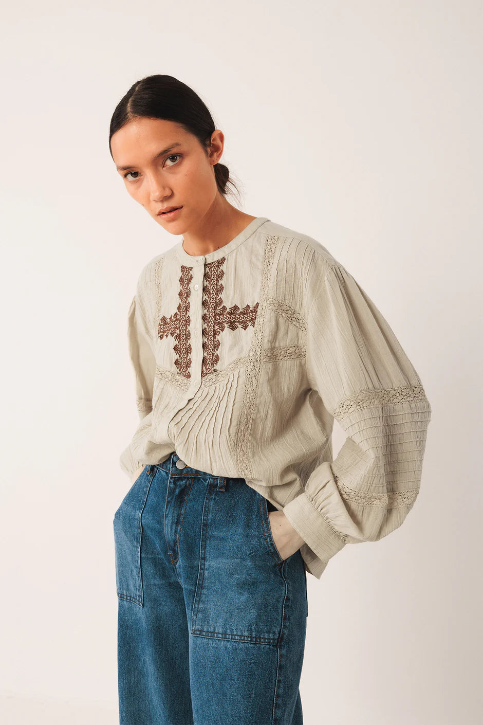 Indi & Cold Mandarin Collar Cotton Embroidered Blouse