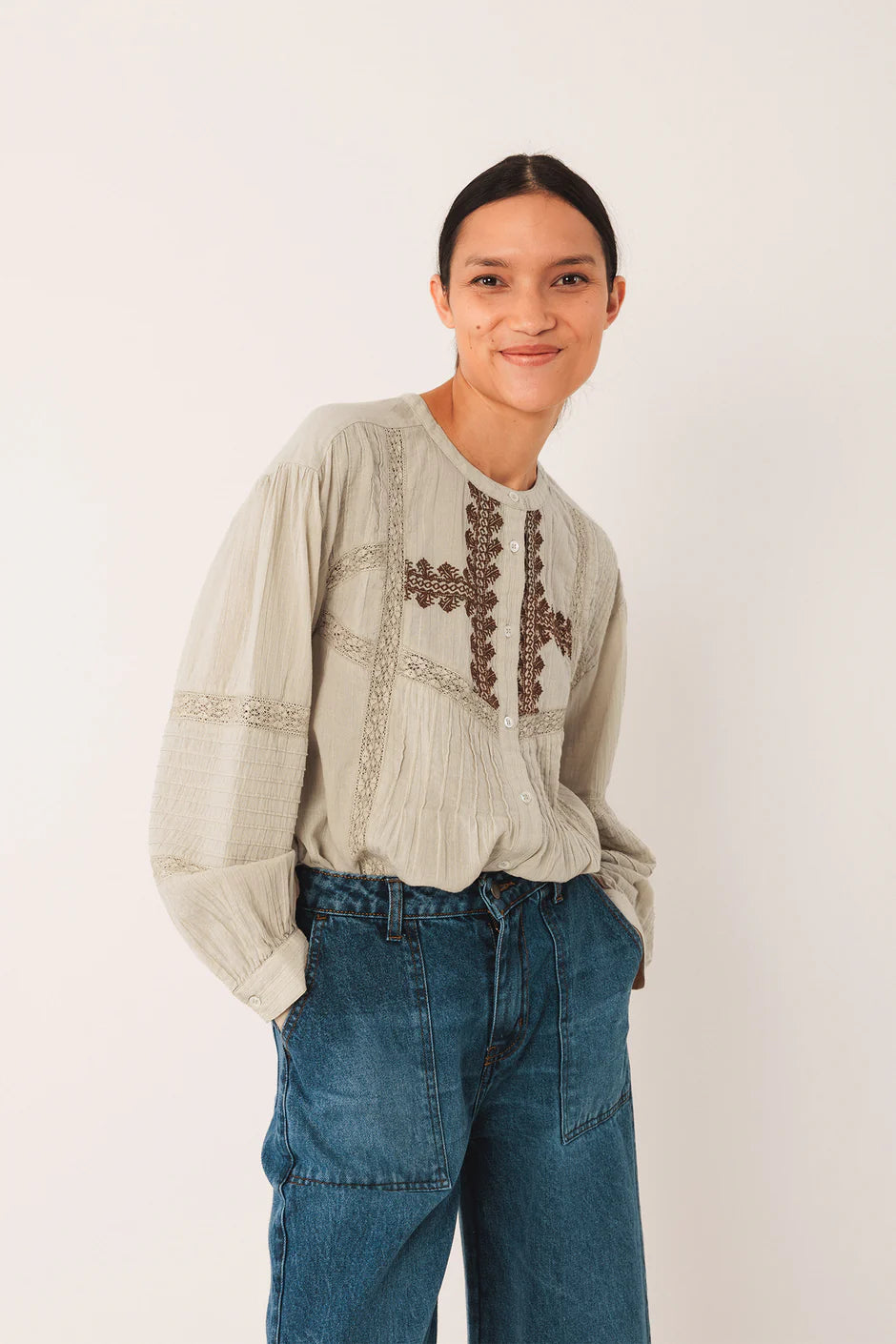 Indi & Cold Mandarin Collar Cotton Embroidered Blouse