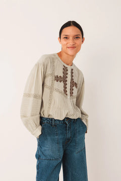 Indi & Cold Mandarin Collar Cotton Embroidered Blouse
