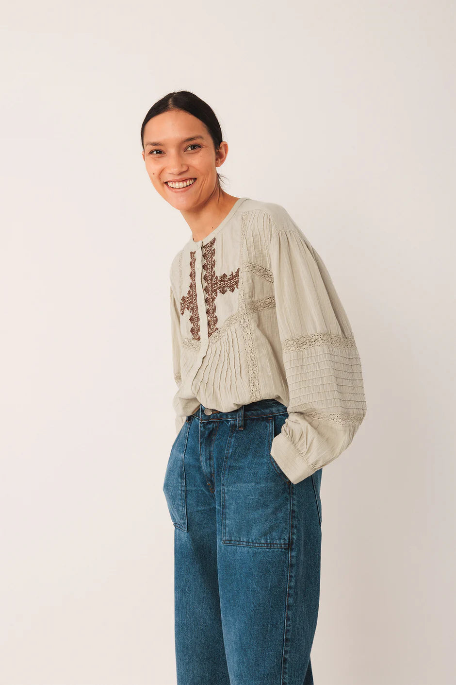 Indi & Cold Mandarin Collar Cotton Embroidered Blouse