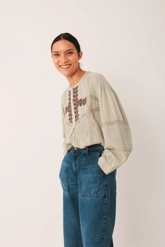 Indi & Cold Mandarin Collar Cotton Embroidered Blouse