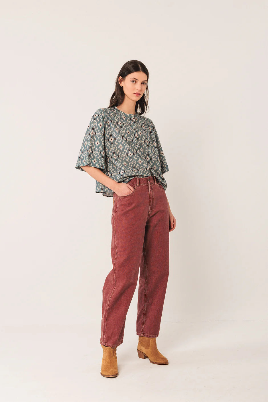 Indi & Cold Printed Smock Detail Cotton Blouse