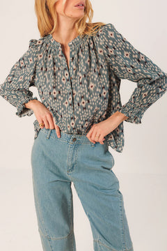 Indi & Cold Ikat Print Long Sleeve Cotton Blouse