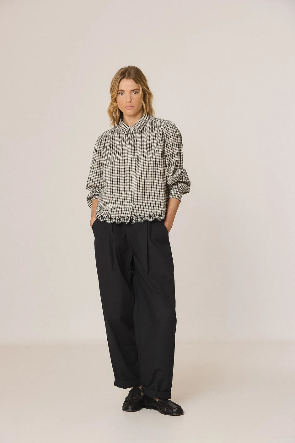 Indi & Cold Plaid Embroidered Hem Blouse