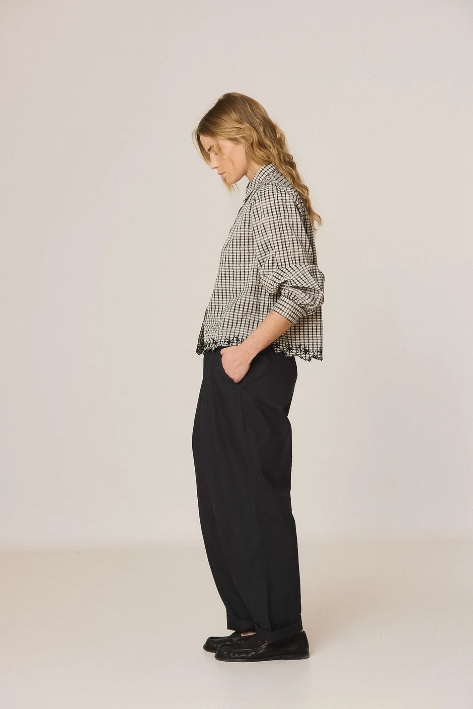 Indi & Cold Plaid Embroidered Hem Blouse