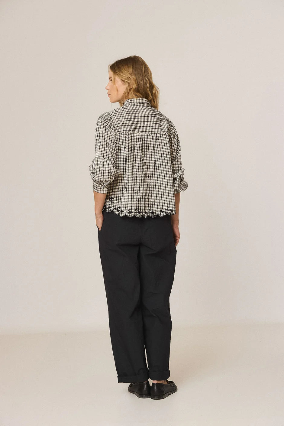 Indi & Cold Plaid Embroidered Hem Blouse