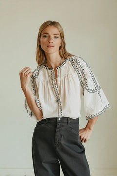 Indi & Cold Bell Sleeve Embroidered BlouseI