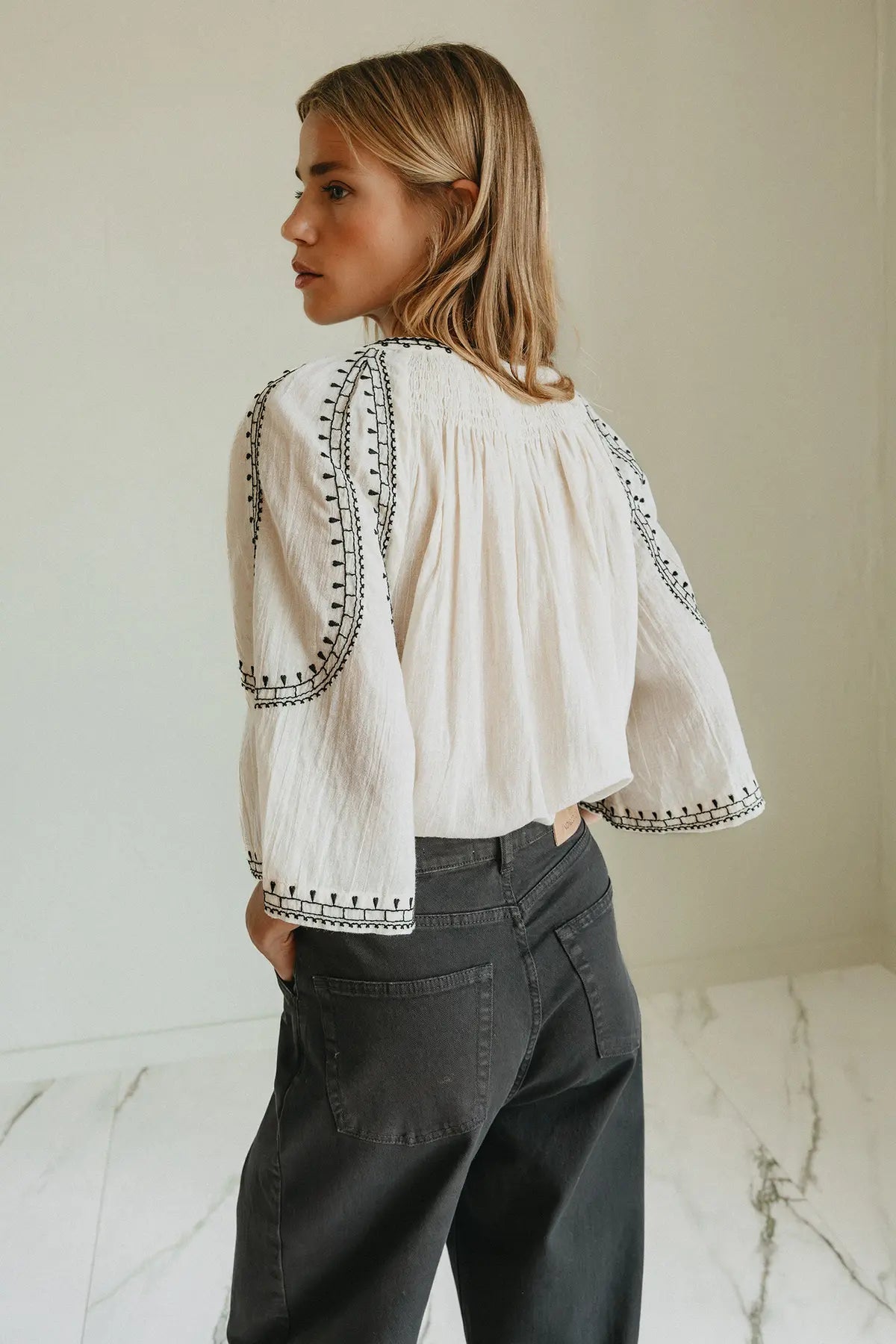 Indi & Cold Bell Sleeve Embroidered Blouse