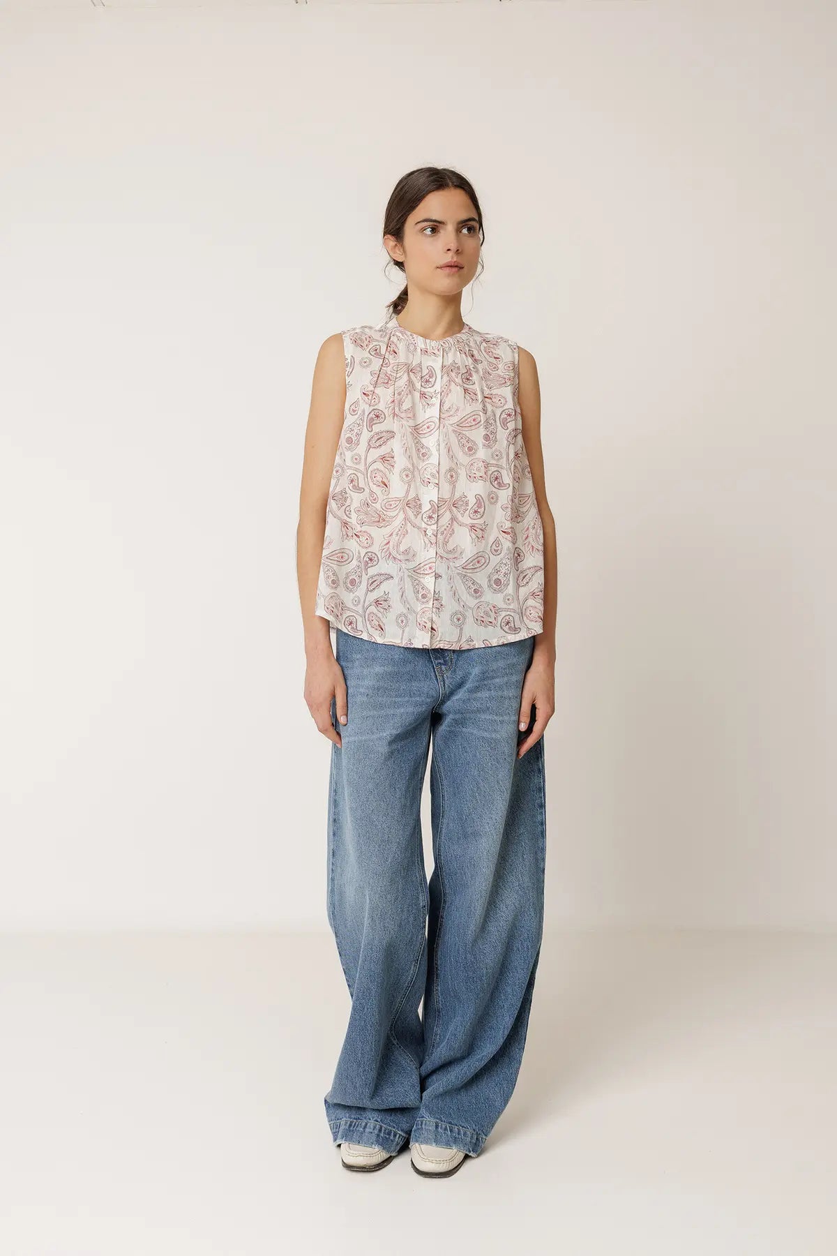 Indi & Cold Oversize Cotton Print Sleeveless Blouse