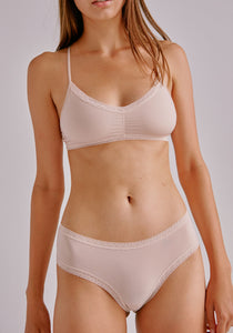 Blush Lace Trim Microfibre  Seamless Hipster on model front view nudeBlush Lace Trim Microfibre Seamless Hipster